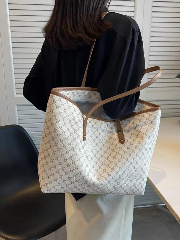 Women's Fashionable Geometric Pattern Tote Bag, Casual PU Leather Zipper Shoulder Bag for Daily Used, Trendy Versatile High-quality Daily Commuting Bag