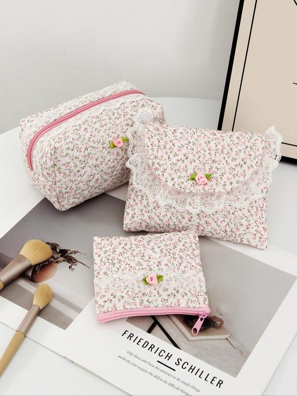 Floral Pattern Makeup Bag Set, Contrast Lace Zipper Makeup Bag, Versatile Storage Bag, Cosmetic Organizer Pouch