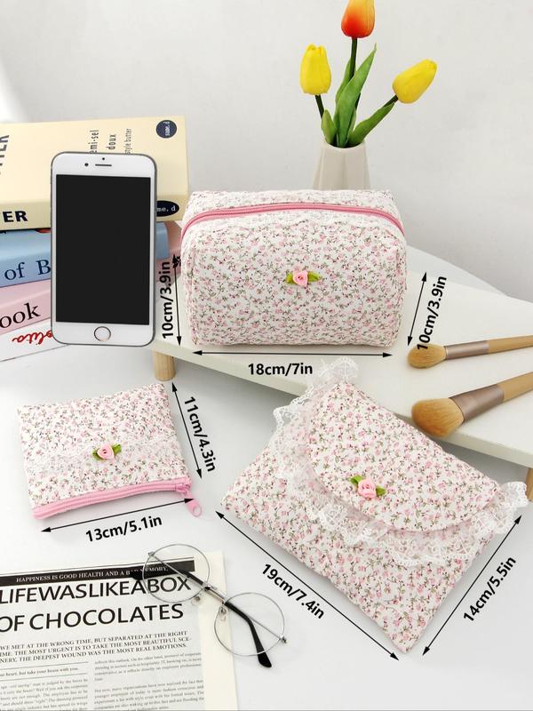 Floral Pattern Makeup Bag Set, Contrast Lace Zipper Makeup Bag, Versatile Storage Bag, Cosmetic Organizer Pouch