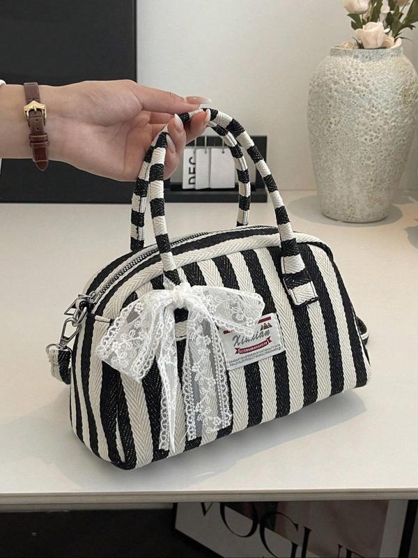 Fashionable Colorblock Striped Pattern Handbag, Casual Versatile Lace Bow Decorated Crossbody Bag for Women, Trendy All-match Commuter Bag for Daily Used