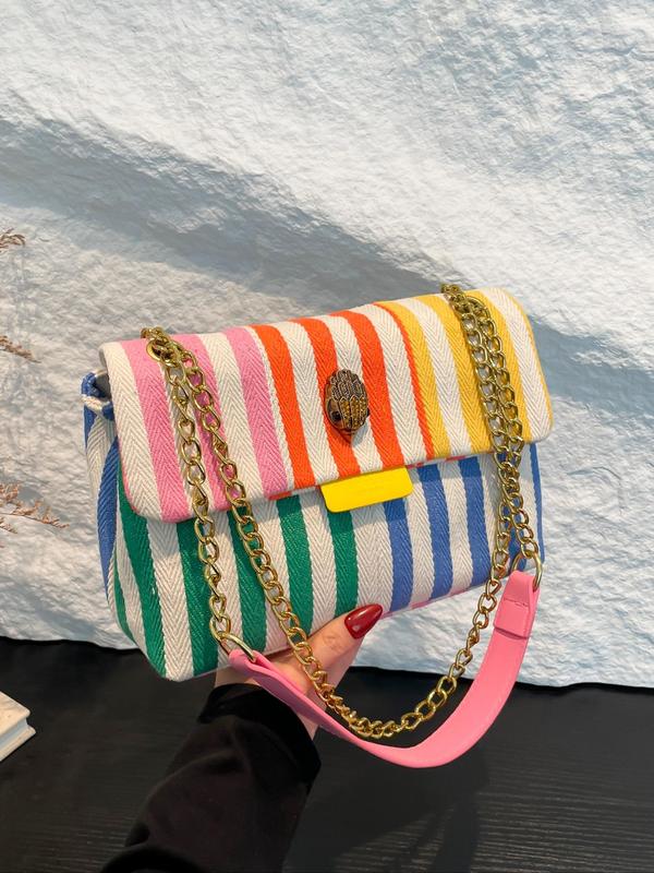 Women's Fashionable Colorful Striped Pattern Crossbody Bag, Casual Versatile Zipper Shoulder Bag for Daily Used, Trendy All-match Commuter Bag