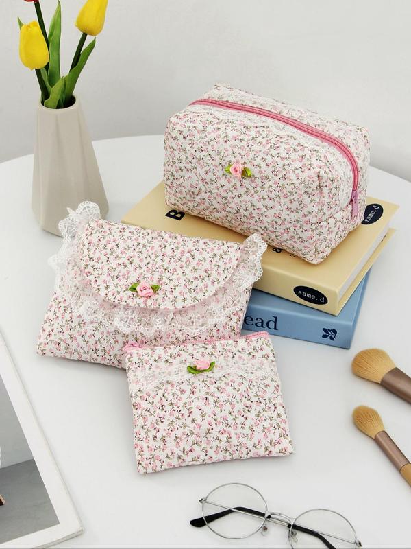 Floral Pattern Makeup Bag Set, Contrast Lace Zipper Makeup Bag, Versatile Storage Bag, Cosmetic Organizer Pouch