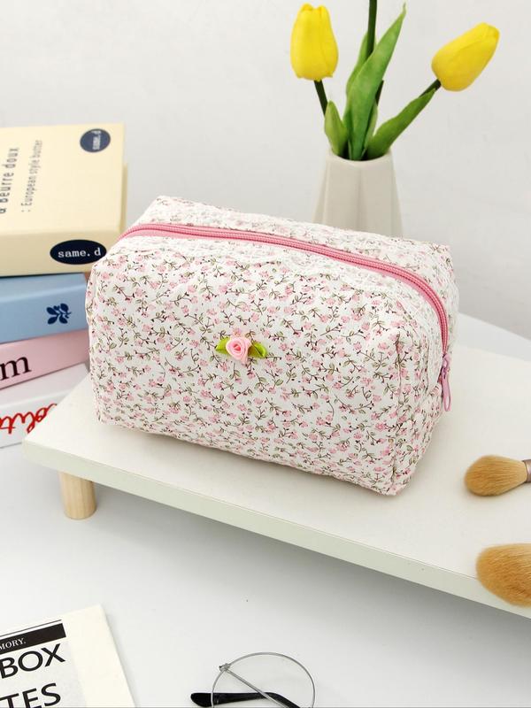 Floral Pattern Makeup Bag Set, Contrast Lace Zipper Makeup Bag, Versatile Storage Bag, Cosmetic Organizer Pouch