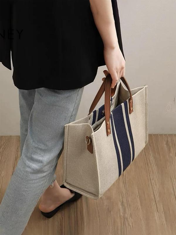 Fashion Striped Pattern Canvas Tote Bag, Casual Large Capacity Shoulder Bag For Teen Girl, Women, College Student, Rookies & White-collar Workers Perfect For Office, College, Work, Business, Commute