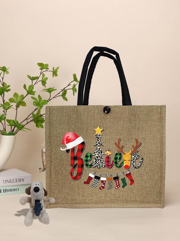 Christmas Themed Tote Bag & Wallet Set, Casual Letter & Geometric Pattern Shopping Bag Set for Women, Gift Bag Set for Work School Beach