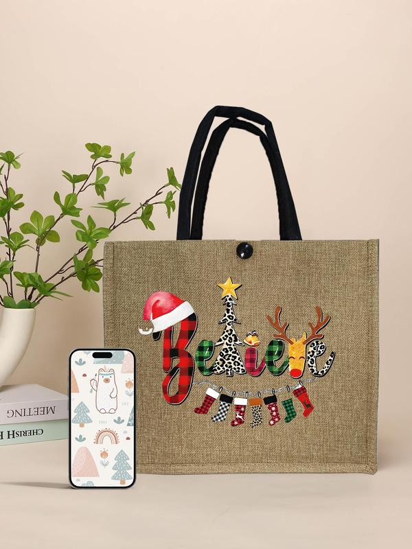 Christmas Themed Tote Bag & Wallet Set, Casual Letter & Geometric Pattern Shopping Bag Set for Women, Gift Bag Set for Work School Beach