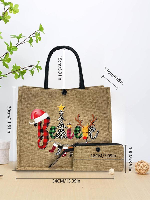 Christmas Themed Tote Bag & Wallet Set, Casual Letter & Geometric Pattern Shopping Bag Set for Women, Gift Bag Set for Work School Beach