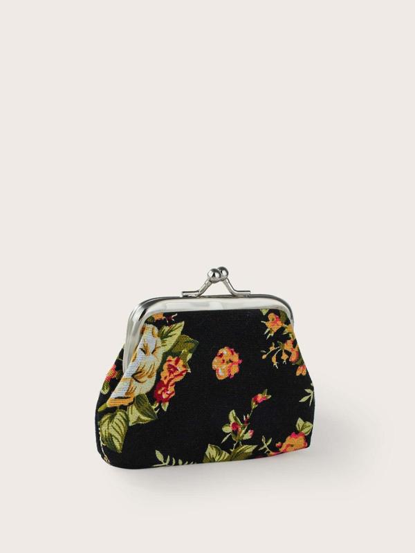 Women's Floral Pattern Design Coin Purse, Portable Synthetic Material Kiss Lock Buckle Design Coin Purse for Daily Used