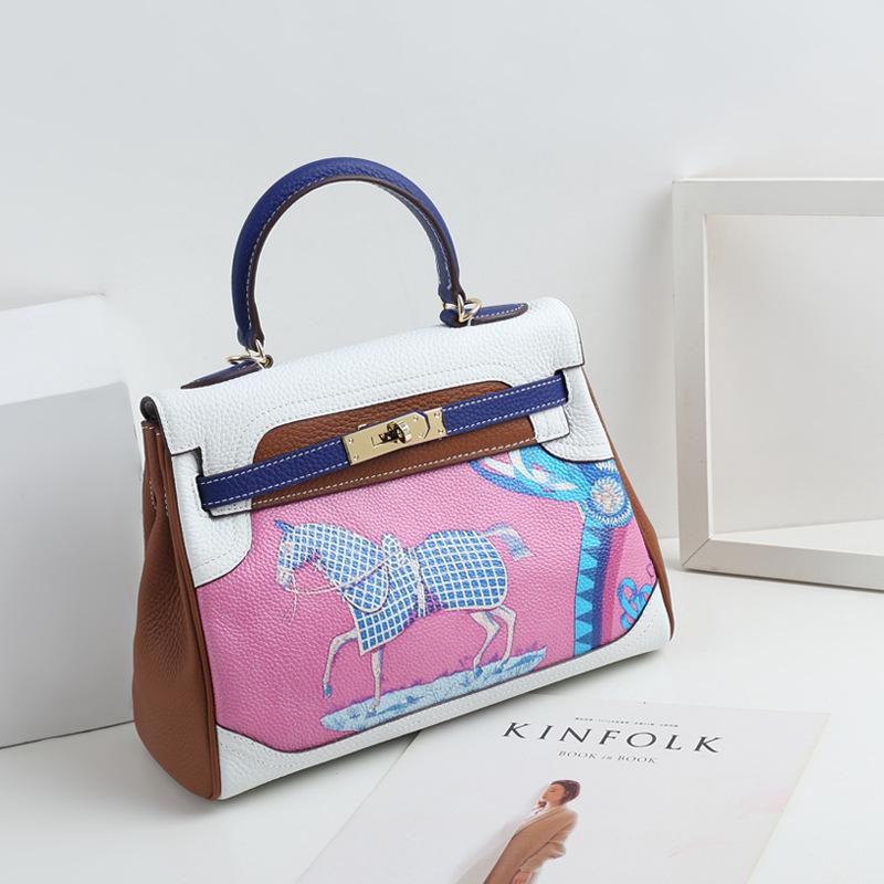 New Fashion Printed Graffiti Kelly Bag Cartoon Pattern Genuine Leather Women's Bag First Layer Leather One-Shoulder Crossbody Handbag