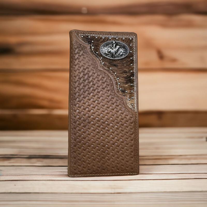 Mens Long Wallet Floral Embossed Longhorn Leather Brown and Teal Soft Leather Checkbook Style Cowboy Hand Crafted High End Mens Wallets Leather Bull Rider Rodeo