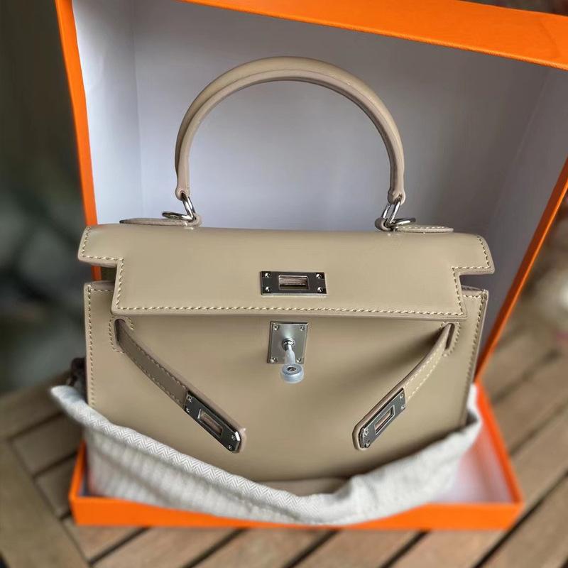 2024 New Box Glossy Cowhide Second Generation Kelly Bag Silver Buckle Leather Handbag Versatile High Quality One Shoulder Bag
