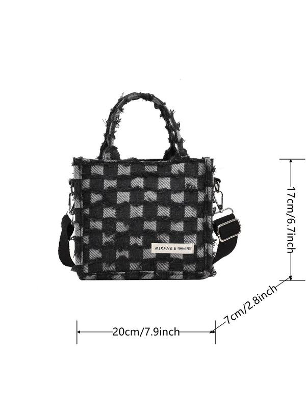 Checkerboard Pattern Raw Hem Design Handbag Tote Bag, 2024 New Style Luxury Designer Letter Patched Crossbody Shoulder Bag, Summer Trendy Gift Bag for Women