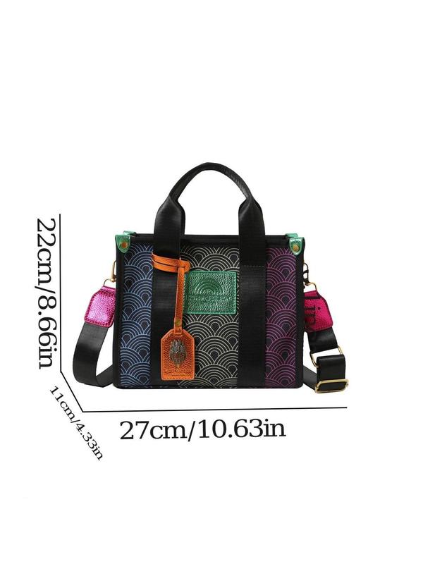 Women's Colorblock Patchwork Zipper Tote Bag, Large Capacity Shoulder Bag for Daily Used, Casual Trendy Versatile High-quality Daily Commuting Bag