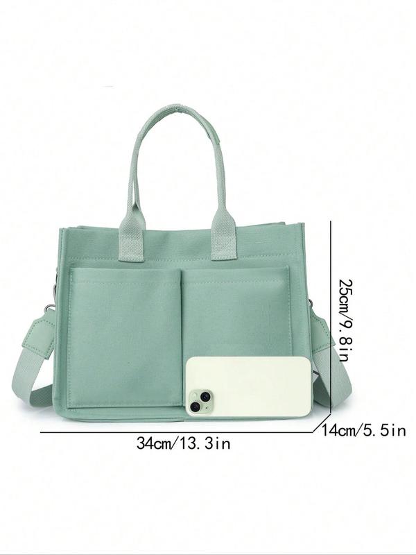 Women's Elegant Solid Color Tote Bag, Fashionable Large Capacity Multi-pocket Canvas Shoulder Bag, Lightweight Casual Tote Shoulder Messenger Bag