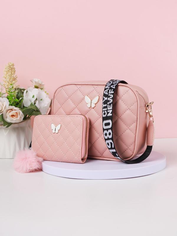 Women's Fashion Simple Plain Rhombus Quilted Designer Crossbody Purse Bag, with Butterfly Decor and Lightweight Small Square Bag with Pom Pom Decor, Casual Zipper Wallet for Women