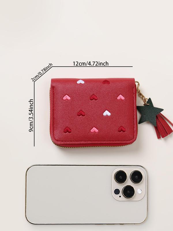 Women's Cute Heart Pattern Embroidering Design Short Wallet, Star & Tassel Design Charm Pu Leather Zipper Coin Purse, Multifunctional Multiple Card Slots Wallet