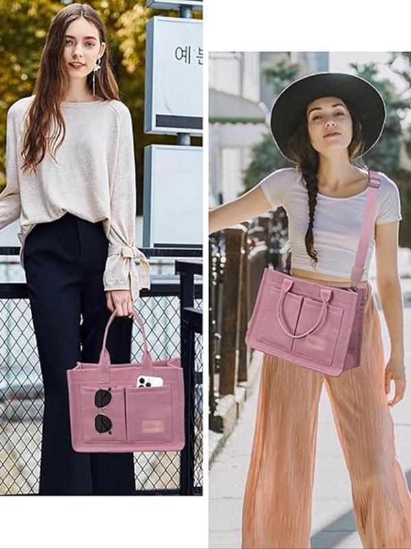 Women's Elegant Solid Color Tote Bag, Fashionable Large Capacity Multi-pocket Canvas Shoulder Bag, Lightweight Casual Tote Shoulder Messenger Bag