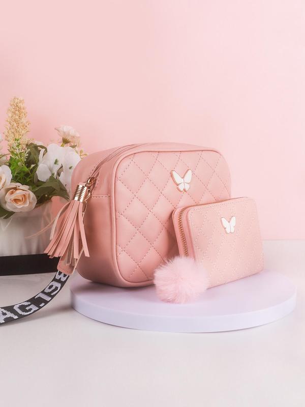 Women's Fashion Simple Plain Rhombus Quilted Designer Crossbody Purse Bag, with Butterfly Decor and Lightweight Small Square Bag with Pom Pom Decor, Casual Zipper Wallet for Women