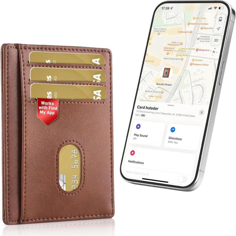 Auskang Men's Wallet with Smart Tracker Works for Find My App, Credit Card Holder Leather Slim Minimalist RFID Blocking Smart Wallet for Men Brown pink multifunctional travel passport