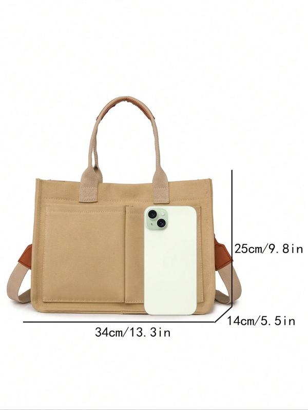Women's Elegant Solid Color Tote Bag, Fashionable Large Capacity Multi-pocket Canvas Shoulder Bag, Lightweight Casual Tote Shoulder Messenger Bag