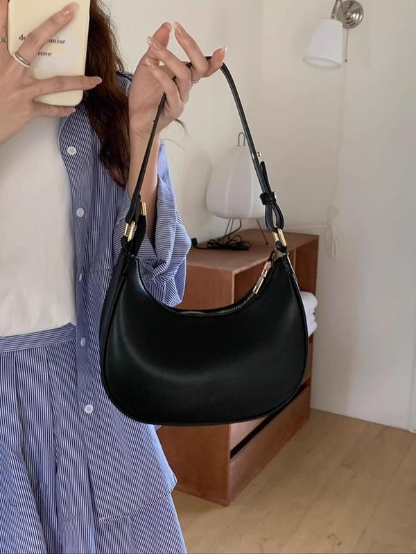 Women's Solid Color Shoulder Bag, Fashionable Pu Leather Zipper Half Moon Bag for Daily Used, Casual Trendy Versatile High-quality Daily Commuting Bag