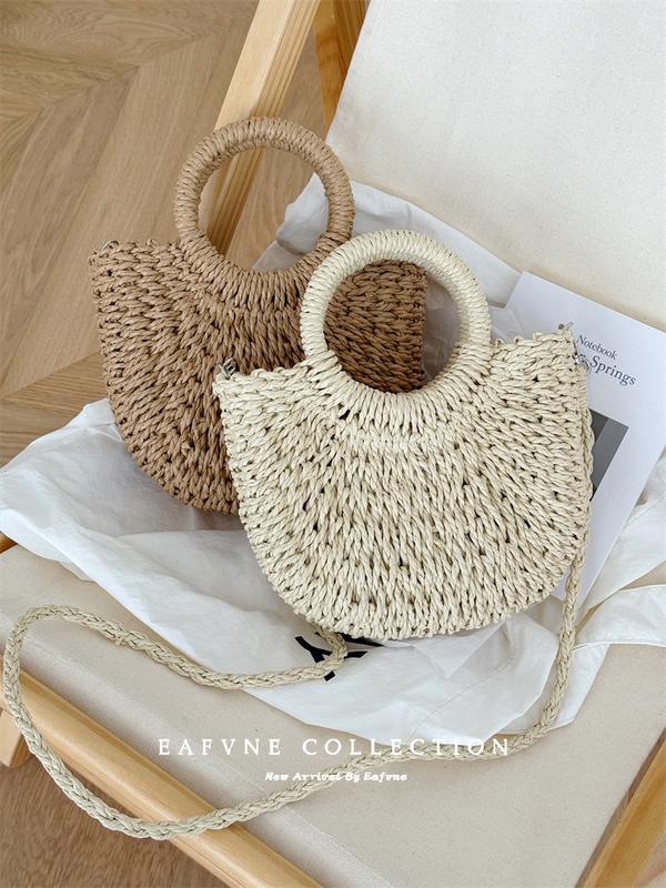 Handmade Minimalist Beach Bag: Rattan Woven Semi-circular Shoulder Crossbody Bag for Women- Minimalist Semi-Circular Straw Bag， Perfect for Travel & Storage