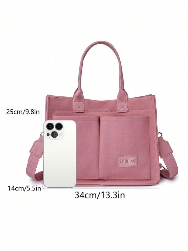 Women's Elegant Solid Color Tote Bag, Fashionable Large Capacity Multi-pocket Canvas Shoulder Bag, Lightweight Casual Tote Shoulder Messenger Bag