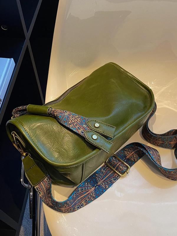 Women's Fashionable Vintage Pattern Pu Leather Crossbody Bag, Casual Versatile Zipper Shoulder Bag, Female All-match Wide Ethnic Pattern Strap Commuter Bag