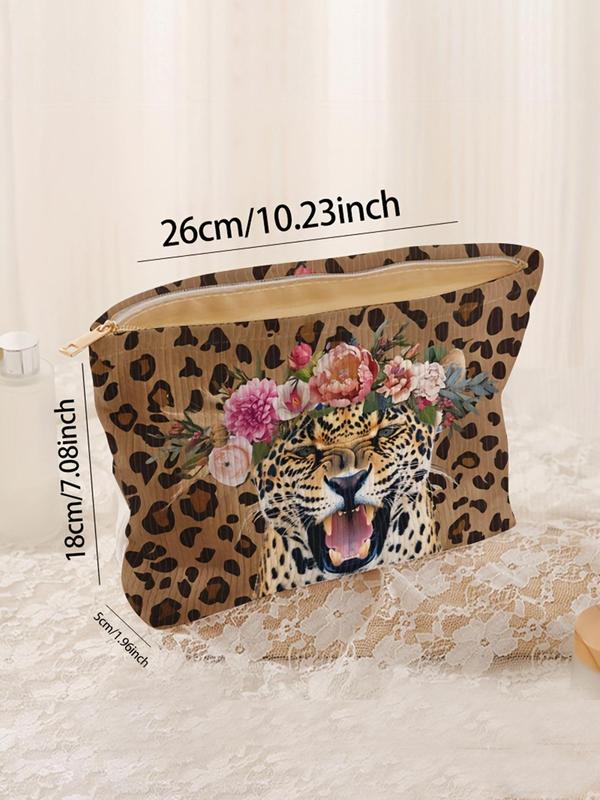 Fashion Leopard & Flower Pattern Makeup Bag, Casual Versatile Storage Bag, Travel Makeup Bag, Suitable for Women & All Kinds of Occasions