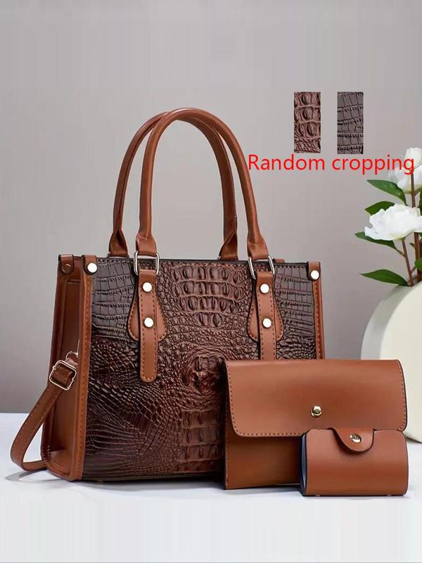 Women's Fashionable Crocodile Embossed Tote Bag & Clutch & Card Holder, Casual Versatile Shoulder Bag Set for Daily Used, Trendy High-quality Daily Commuting Bag