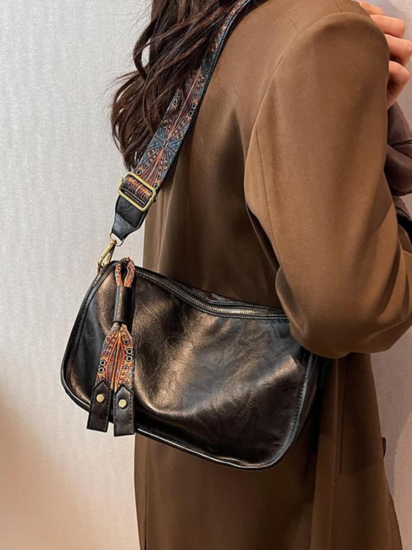 Women's Fashionable Vintage Pattern Pu Leather Crossbody Bag, Casual Versatile Zipper Shoulder Bag, Female All-match Wide Ethnic Pattern Strap Commuter Bag