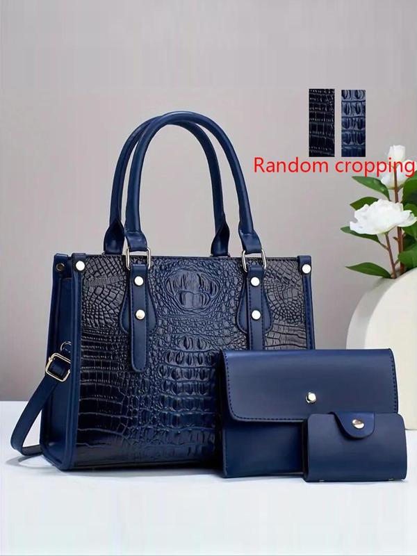 Women's Fashionable Crocodile Embossed Tote Bag & Clutch & Card Holder, Casual Versatile Shoulder Bag Set for Daily Used, Trendy High-quality Daily Commuting Bag