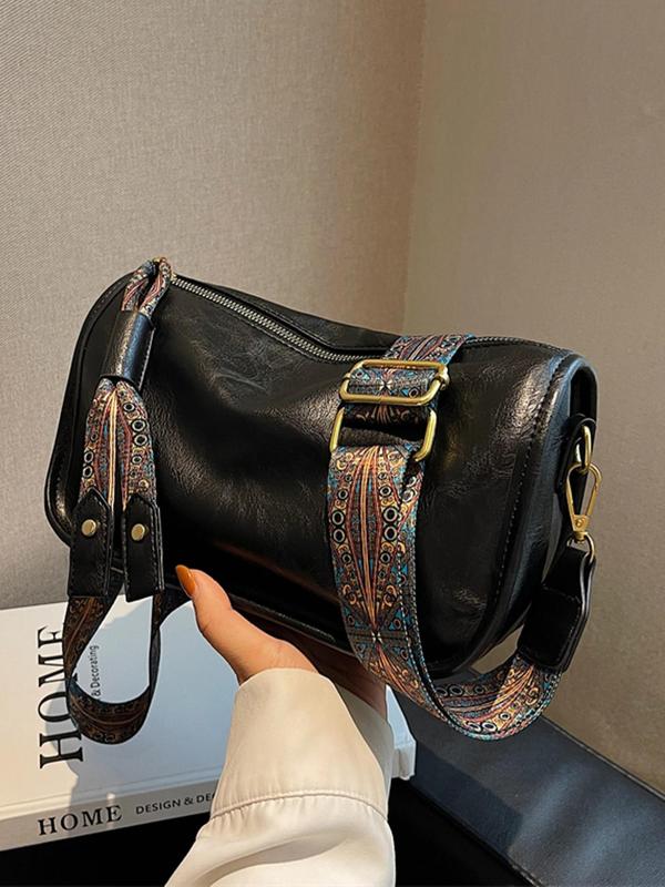 Women's Fashionable Vintage Pattern Pu Leather Crossbody Bag, Casual Versatile Zipper Shoulder Bag, Female All-match Wide Ethnic Pattern Strap Commuter Bag