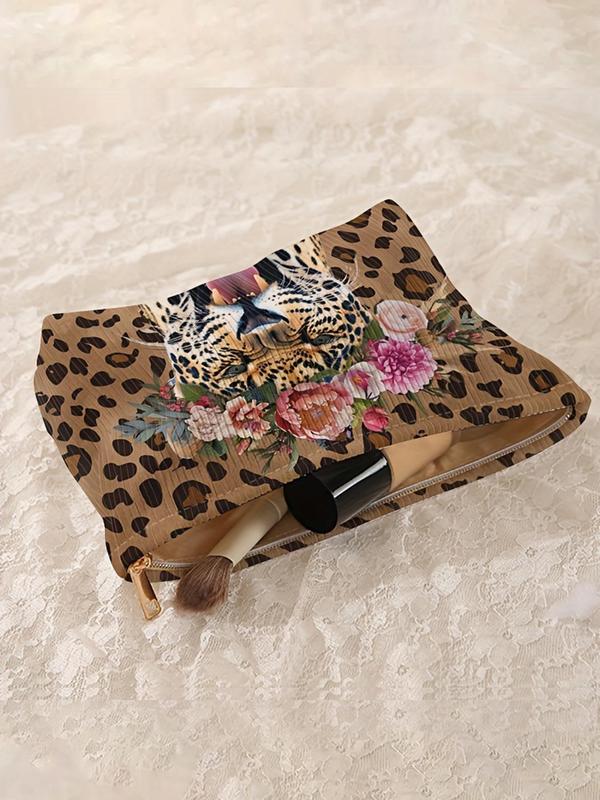 Fashion Leopard & Flower Pattern Makeup Bag, Casual Versatile Storage Bag, Travel Makeup Bag, Suitable for Women & All Kinds of Occasions