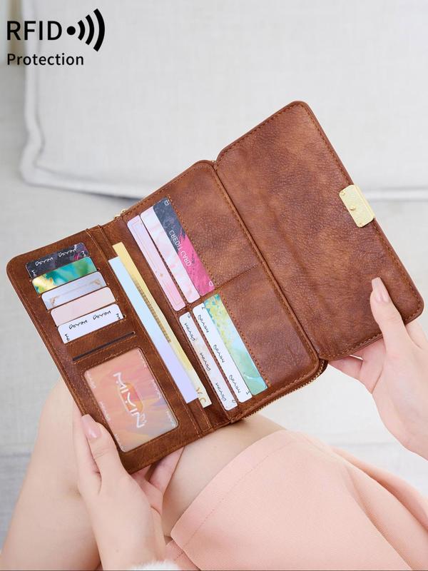 Women's Minimalist Solid Color Long Wallet, Fashionable PU Leather RFID Protection Zipper Wallet, Casual Versatile Clutch Purse for Daily Use