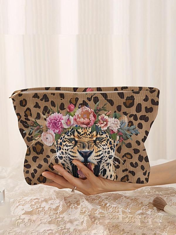 Fashion Leopard & Flower Pattern Makeup Bag, Casual Versatile Storage Bag, Travel Makeup Bag, Suitable for Women & All Kinds of Occasions