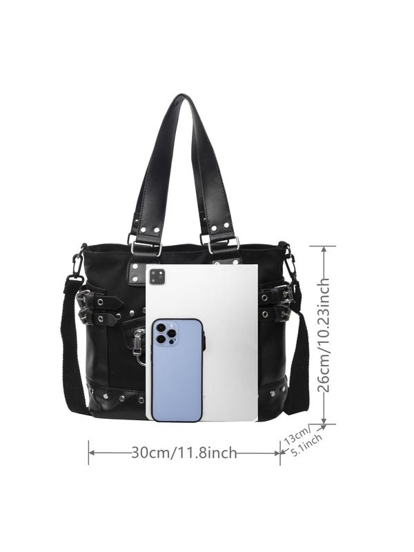 Women's Punk Style Rivet & Chain Decor Tote Bag, Fashion Chain Strap Zipper Shoulder Bag for Work, Casual Trendy Versatile Commuting Bag, Girl Fashionable Bag