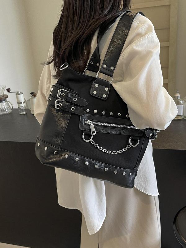 Women's Punk Style Rivet & Chain Decor Tote Bag, Fashion Chain Strap Zipper Shoulder Bag for Work, Casual Trendy Versatile Commuting Bag, Girl Fashionable Bag