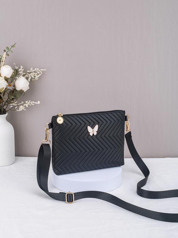 Women's Elegant Chevron Quilted Design Crossbody Bag, Fashionable Butterfly Decorated Zipper Shoulder Bag for Daily Used, Casual Trendy Versatile High-quality Daily Commuting Bag