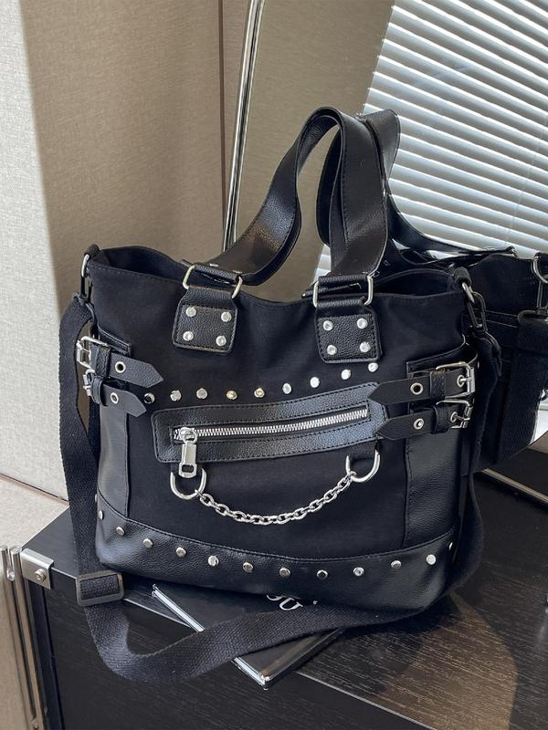 Women's Punk Style Rivet & Chain Decor Tote Bag, Fashion Chain Strap Zipper Shoulder Bag for Work, Casual Trendy Versatile Commuting Bag, Girl Fashionable Bag