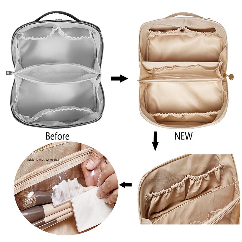 Large Capacity Travel Cosmetic Bag - Makeup Bag, PU Leather Waterproof Cosmetic Bag, Women Portable Travel Makeup Bag With Handle and Divider Flat Lay Makeup Organizer Bag Portable Cosmetic