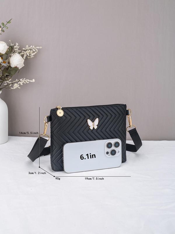 Women's Elegant Chevron Quilted Design Crossbody Bag, Fashionable Butterfly Decorated Zipper Shoulder Bag for Daily Used, Casual Trendy Versatile High-quality Daily Commuting Bag