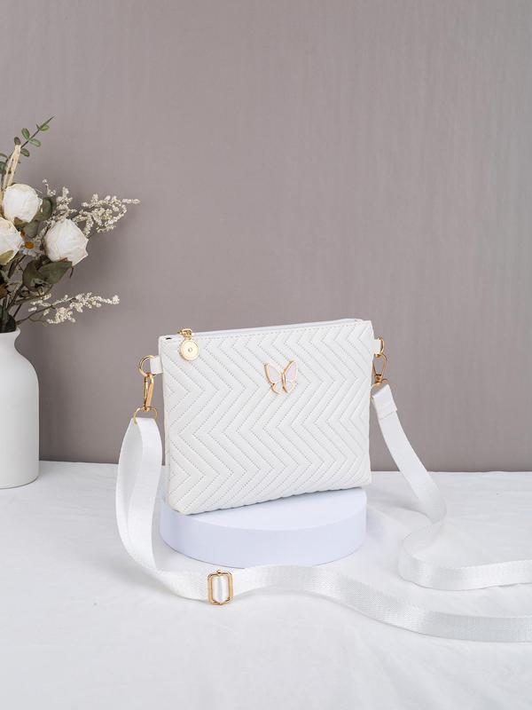 Women's Elegant Chevron Quilted Design Crossbody Bag, Fashionable Butterfly Decorated Zipper Shoulder Bag for Daily Used, Casual Trendy Versatile High-quality Daily Commuting Bag