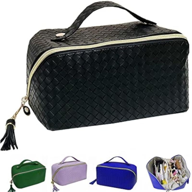 Large Capacity Travel Cosmetic Bag - Makeup Bag, PU Leather Waterproof Cosmetic Bag, Women Portable Travel Makeup Bag With Handle and Divider Flat Lay Makeup Organizer Bag Portable Cosmetic