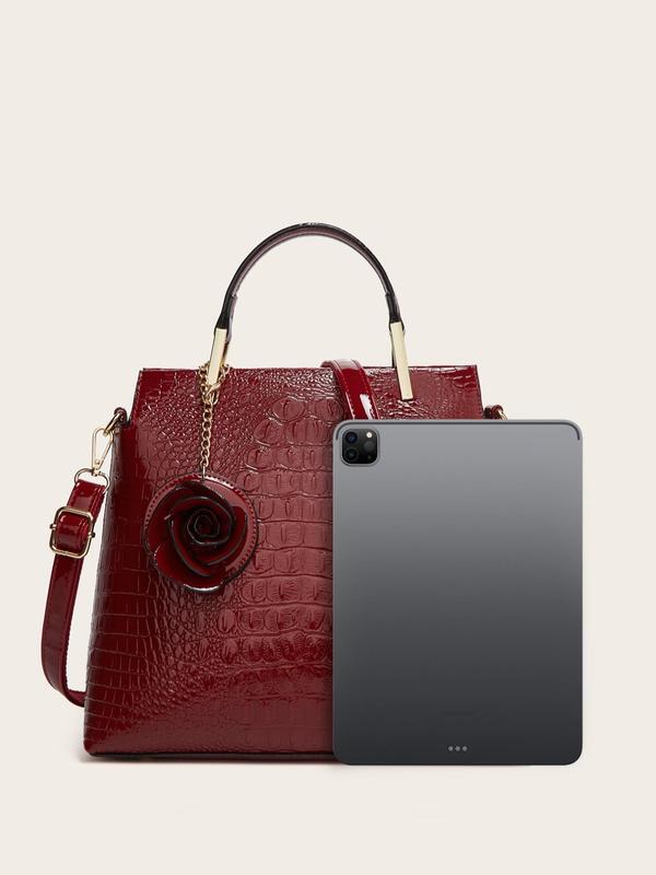 Women's Elegant Solid Color Crocodile Embossed Tote Bag, 2024 New Trendy Casual Handbag & Crossbody Bag, Fashionable Large Capacity Shoulder Bag for Daily Use