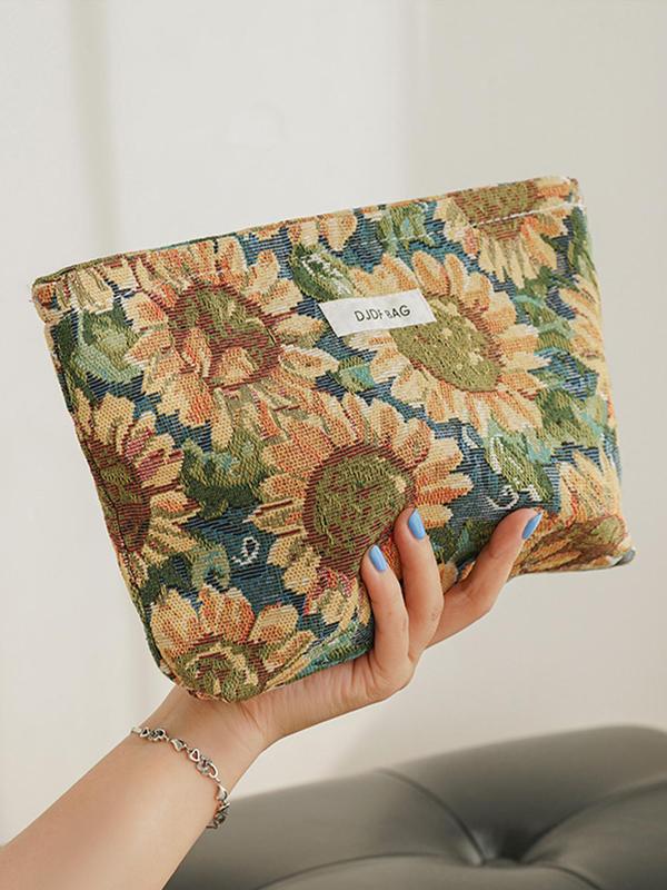 2024 New Style Sunflower Pattern Makeup Bag, Large Capacity Cosmetic Storage Bag, Portable Travel Toiletry Bag, Zipper Makeup Organizer Pouch