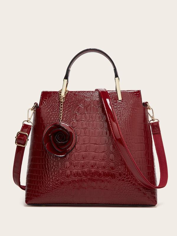 Women's Elegant Solid Color Crocodile Embossed Tote Bag, 2024 New Trendy Casual Handbag & Crossbody Bag, Fashionable Large Capacity Shoulder Bag for Daily Use