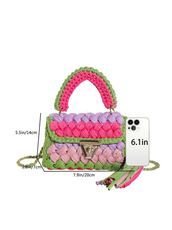 Women's Colorblock Braid Crochet Design Handbag, Fashionable Tassel Decorated Crossbody Bag for Daily Used, Casual Trendy Versatile High-quality Daily Commuting Bag