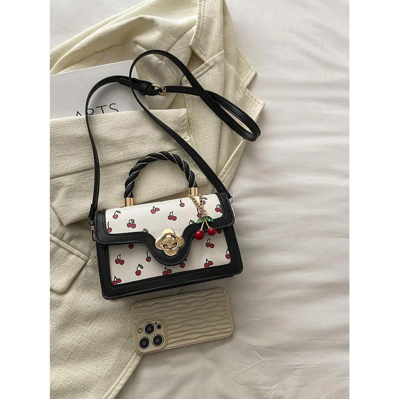 Fashionable High-Class Lady Square PU Handbag, Cute Cherry Printed Shoulder Bag For Shopping, Dating, And Crossbody