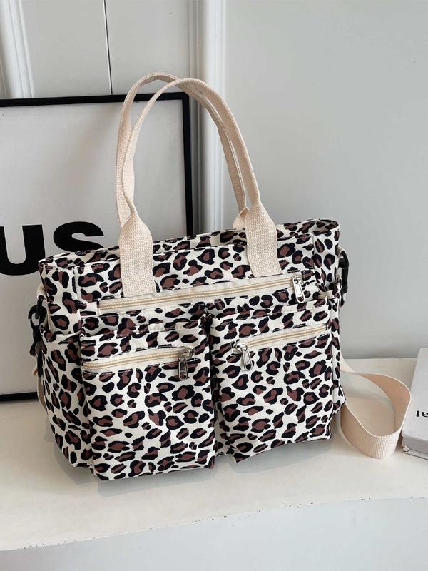 Women's Fashion Leopard Pattern Tote Bag, Mulit-pockets Large Capacity Zipper Shoulder Bag for Women, Trendy All-match Commuter Bag for Daily Used